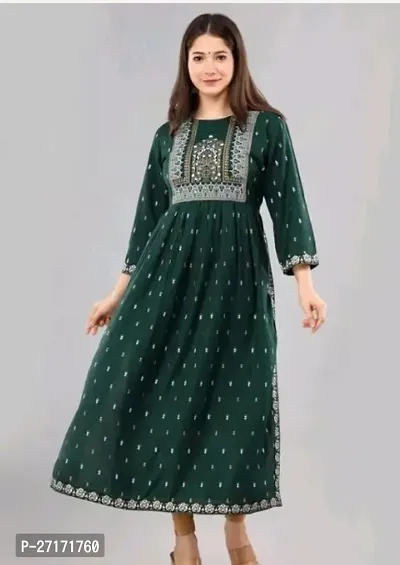 Attractive Green Printed Rayon Flared Kurta For Women