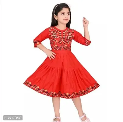 Fabulous Red Cotton Blend Printed Frocks For Girls