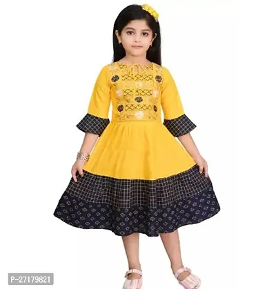 Fabulous Yellow Cotton Blend Printed Frocks For Girls