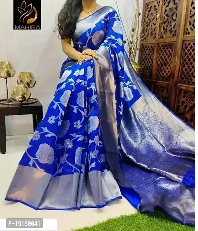 Stylish Blue Banarasi Silk Saree With Blouse Piece For Women-thumb0