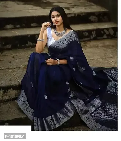 Stylish Navy Blue Banarasi Silk Saree With Blouse Piece For Women-thumb0