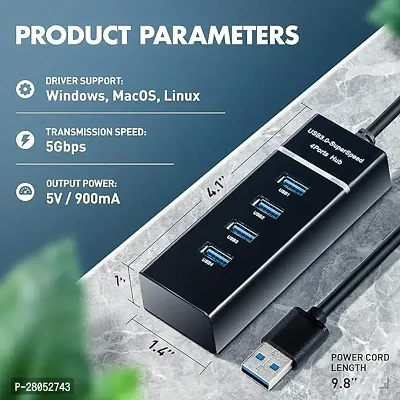 4 Port USB Hub 3.0 Adapter Cable with 5Gbps Speed, Laptop, PC Computers, Plug  Play, Backward Compatible (Black).