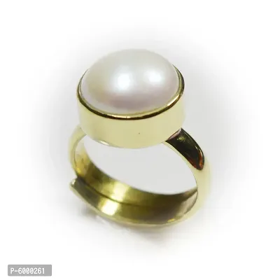 Natural Gold Plated Adjustable White Pearl 3.25 Ratti Stone Ring Oval Shape Cabochon Cut for Men And Women In Size 6 To 15