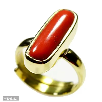 Natural Gold Plated Adjustable Red Coral 3.25 Ratti Stone Ring Capsule Shape Cabochon Cut for Men And Women In Size 16 To 30-thumb0