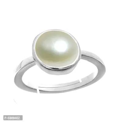 Natural Silver Plated Adjustable Ring White Pearl 3.25 Ratti Stone Ring Round Shape Cabochon Cut  For Men And Women In size 6 To 15