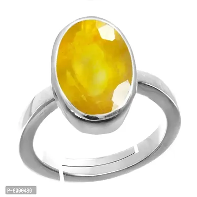 Natural Silver Plated Adjustable Ring Yellow Sapphire 3.25 Ratti Stone Ring Oval Shape Faceted cut in size 16 To 30 for Men And Women