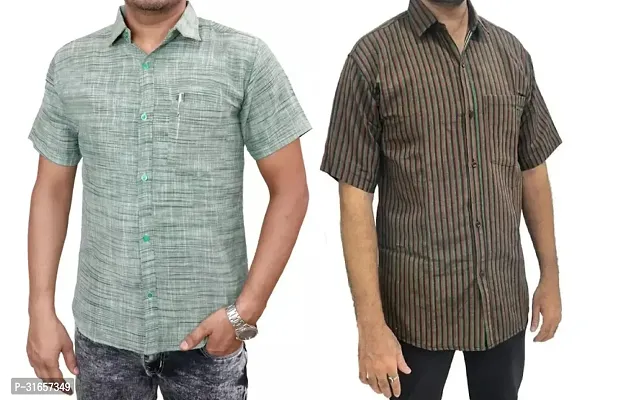 Elegant Khadi Cotton Self Pattern Casual Shirts For Men- Pack Of 2-thumb0