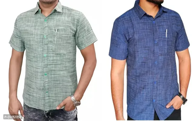 Elegant Khadi Cotton Self Pattern Casual Shirts For Men- Pack Of 2-thumb0