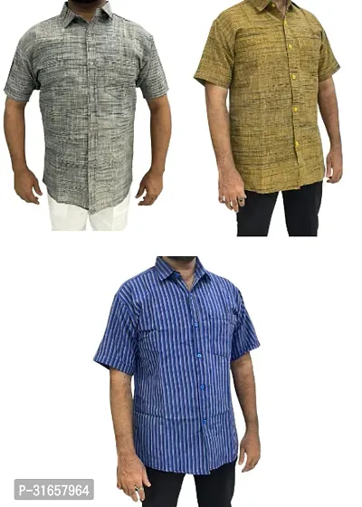 Elegant Khadi Cotton Self Pattern Casual Shirts For Men- Pack Of 3-thumb0