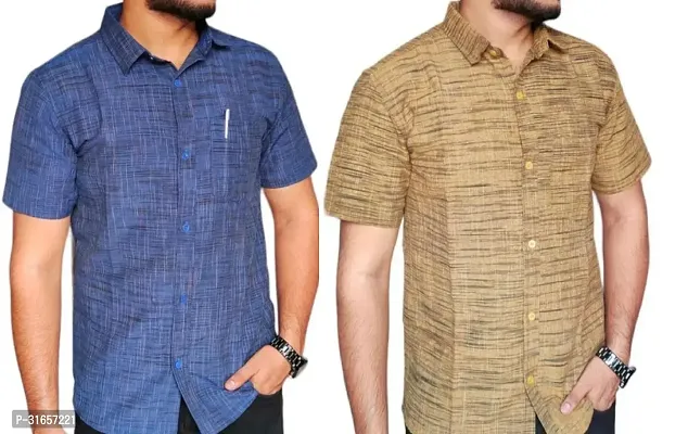 Elegant Khadi Cotton Self Pattern Casual Shirts For Men- Pack Of 2-thumb0