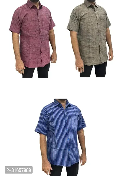 Elegant Khadi Cotton Self Pattern Casual Shirts For Men- Pack Of 3-thumb0