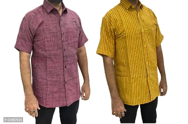 Elegant Khadi Cotton Self Pattern Casual Shirts For Men- Pack Of 2-thumb0