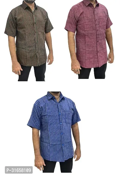 Elegant Khadi Cotton Self Pattern Casual Shirts For Men- Pack Of 3-thumb0