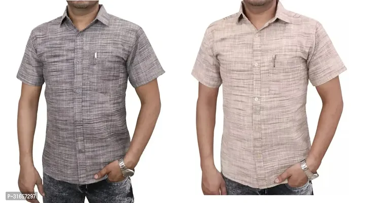 Elegant Khadi Cotton Self Pattern Casual Shirts For Men- Pack Of 2-thumb0