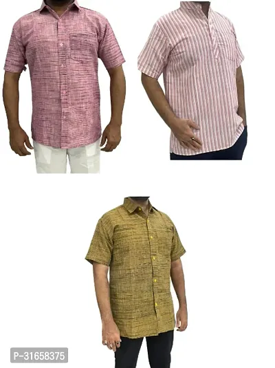 Elegant Khadi Cotton Self Pattern Casual Shirts For Men- Pack Of 3-thumb0