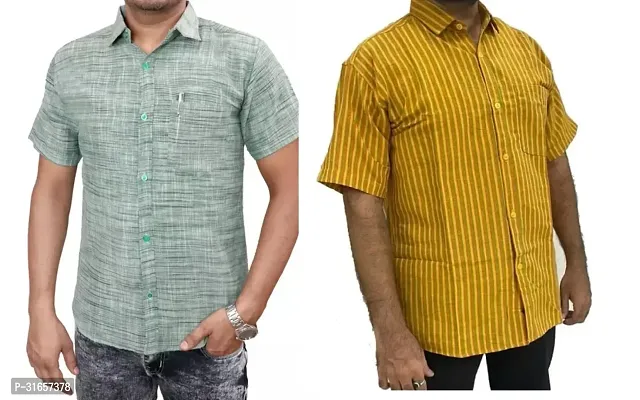 Elegant Khadi Cotton Self Pattern Casual Shirts For Men- Pack Of 2-thumb0