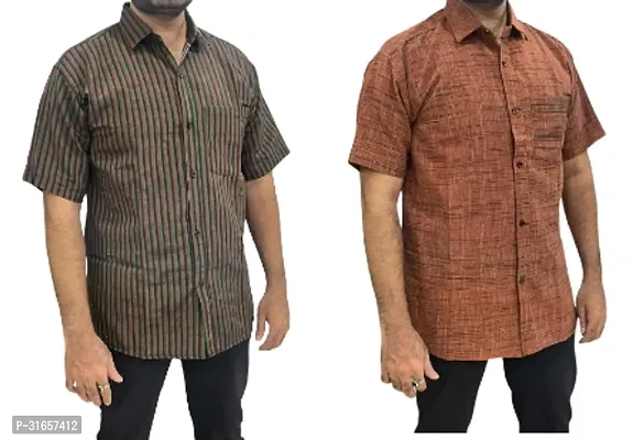 Elegant Khadi Cotton Self Pattern Casual Shirts For Men- Pack Of 2-thumb0