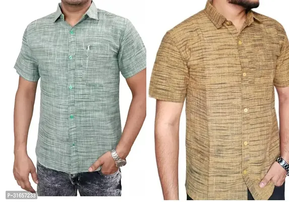 Elegant Khadi Cotton Self Pattern Casual Shirts For Men- Pack Of 2-thumb0