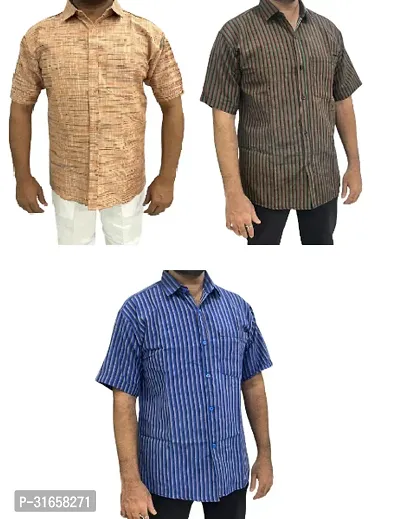 Elegant Khadi Cotton Self Pattern Casual Shirts For Men- Pack Of 3-thumb0