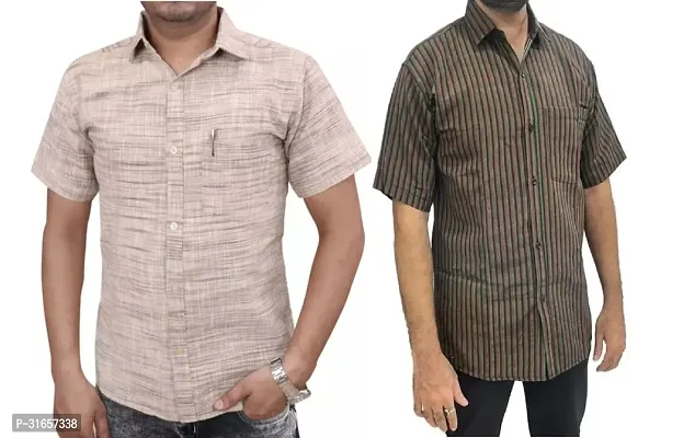 Elegant Khadi Cotton Self Pattern Casual Shirts For Men- Pack Of 2-thumb0