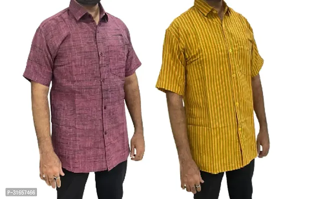 Elegant Khadi Cotton Self Pattern Casual Shirts For Men- Pack Of 2-thumb0