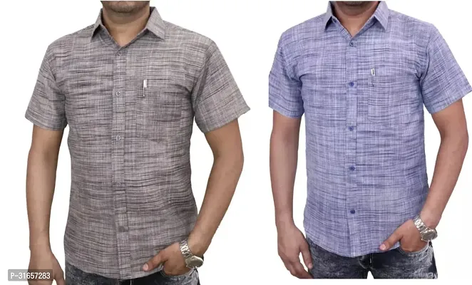 Elegant Khadi Cotton Self Pattern Casual Shirts For Men- Pack Of 2-thumb0