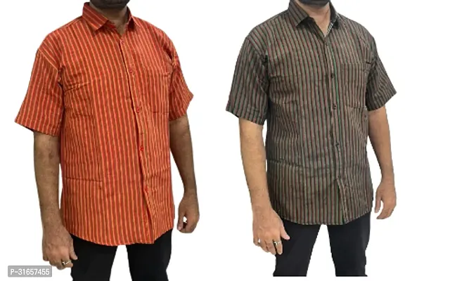 Elegant Khadi Cotton Striped Casual Shirts For Men- Pack Of 2-thumb0