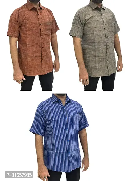 Elegant Khadi Cotton Self Pattern Casual Shirts For Men- Pack Of 3-thumb0