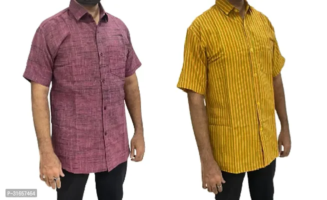 Elegant Khadi Cotton Self Pattern Casual Shirts For Men- Pack Of 2-thumb0