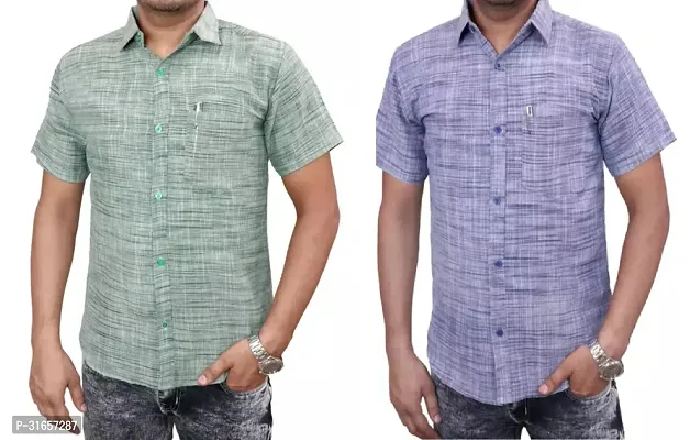 Elegant Khadi Cotton Self Pattern Casual Shirts For Men- Pack Of 2-thumb0