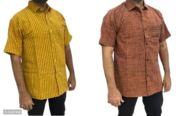 Elegant Khadi Cotton Self Pattern Casual Shirts For Men- Pack Of 2-thumb0