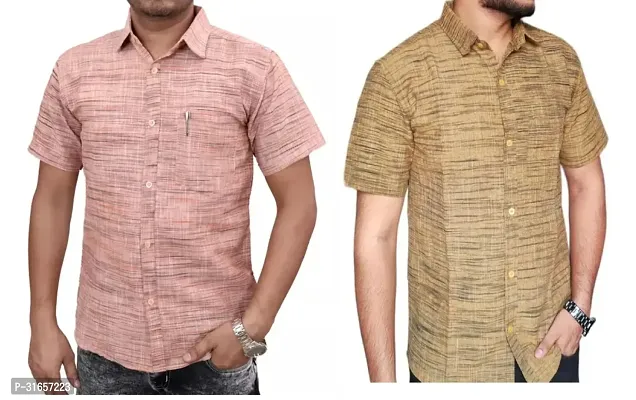 Elegant Khadi Cotton Self Pattern Casual Shirts For Men- Pack Of 2-thumb0