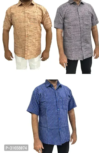 Elegant Khadi Cotton Self Pattern Casual Shirts For Men- Pack Of 3-thumb0