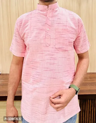 Reliable Pink Khadi Cotton Textured Short Kurta For Men-thumb0