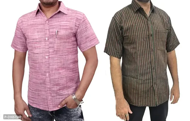 Elegant Khadi Cotton Self Pattern Casual Shirts For Men- Pack Of 2-thumb0