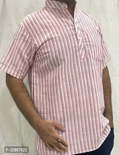 Reliable Pink Khadi Cotton Striped Short Kurta For Men