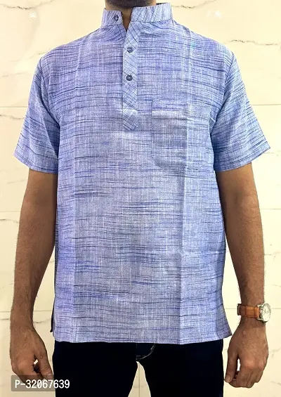 Reliable Blue Khadi Cotton Textured Short Kurta For Men-thumb0