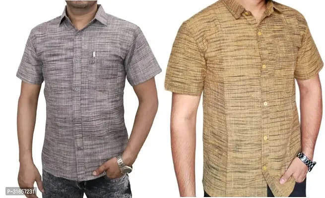 Elegant Khadi Cotton Self Pattern Casual Shirts For Men- Pack Of 2-thumb0