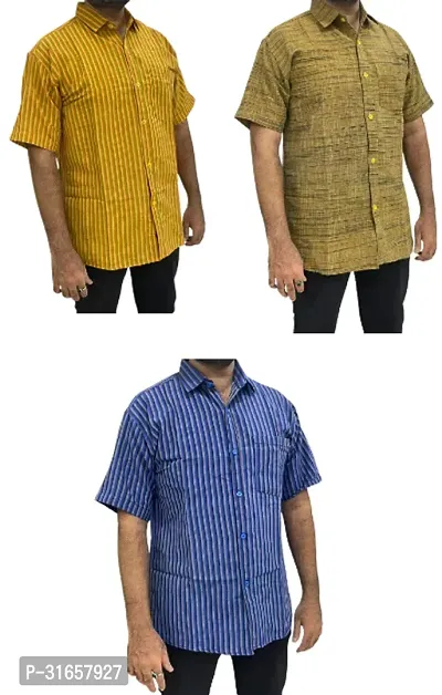 Elegant Khadi Cotton Self Pattern Casual Shirts For Men- Pack Of 3-thumb0