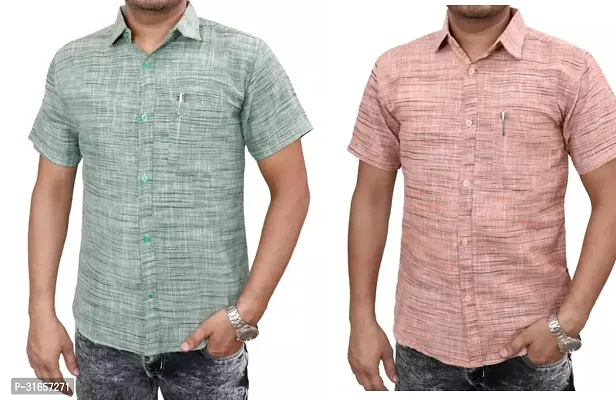 Elegant Khadi Cotton Self Pattern Casual Shirts For Men- Pack Of 2-thumb0