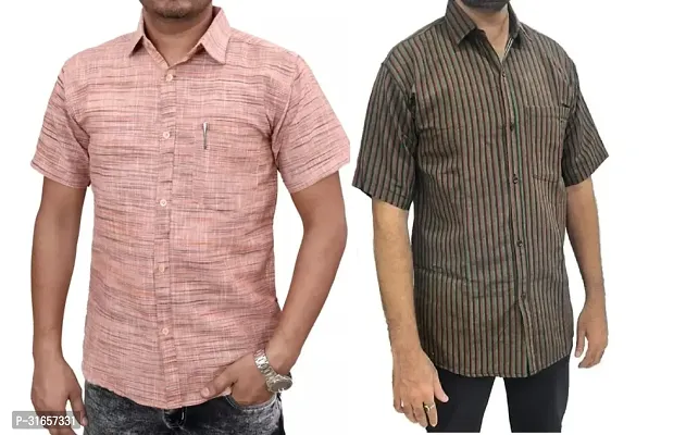 Elegant Khadi Cotton Self Pattern Casual Shirts For Men- Pack Of 2-thumb0