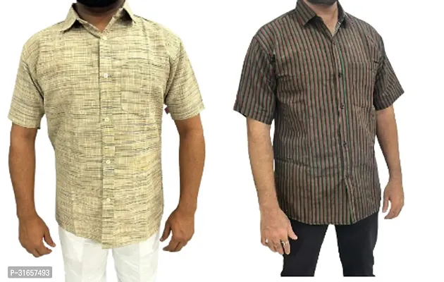 Elegant Khadi Cotton Self Pattern Casual Shirts For Men- Pack Of 2-thumb0