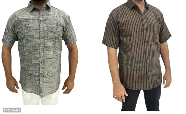 Elegant Khadi Cotton Self Pattern Casual Shirts For Men- Pack Of 2-thumb0