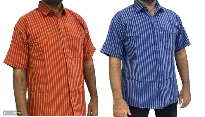 Elegant Khadi Cotton Striped Casual Shirts For Men- Pack Of 2-thumb0