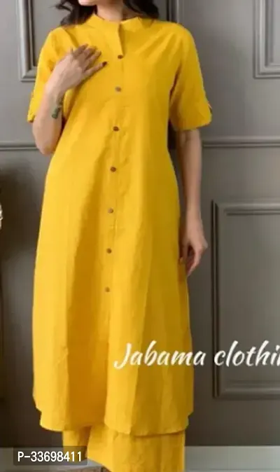 Stylish Yellow Cotton Solid Kurta Bottom Set For Women