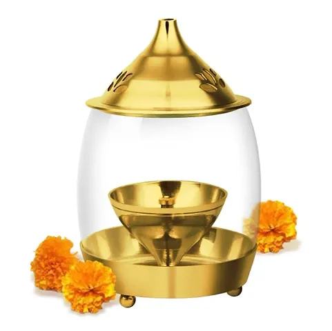 True Decor 6 Inches Brass Arpan Diya/Akhand Diya for Puja with Borosilicate Glass Cover || Oil Lamp Brass Diya for Puja Perfect for Diwali Gifting and Home Decoration