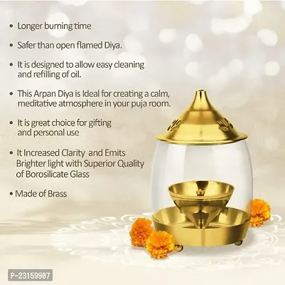 True Decor 6 Inches Brass Arpan Diya/Akhand Diya for Puja with Borosilicate Glass Cover || Oil Lamp Brass Diya for Puja Perfect for Diwali Gifting and Home Decoration-thumb2