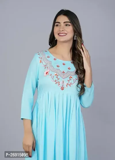 Elegant Turquoise Cotton Embroidered Fkared Kurta For Women-thumb3