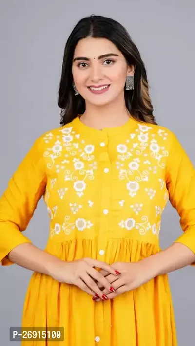 Elegant Yellow Cotton Embroidered Fkared Kurta For Women-thumb3