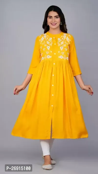 Elegant Yellow Cotton Embroidered Fkared Kurta For Women-thumb0